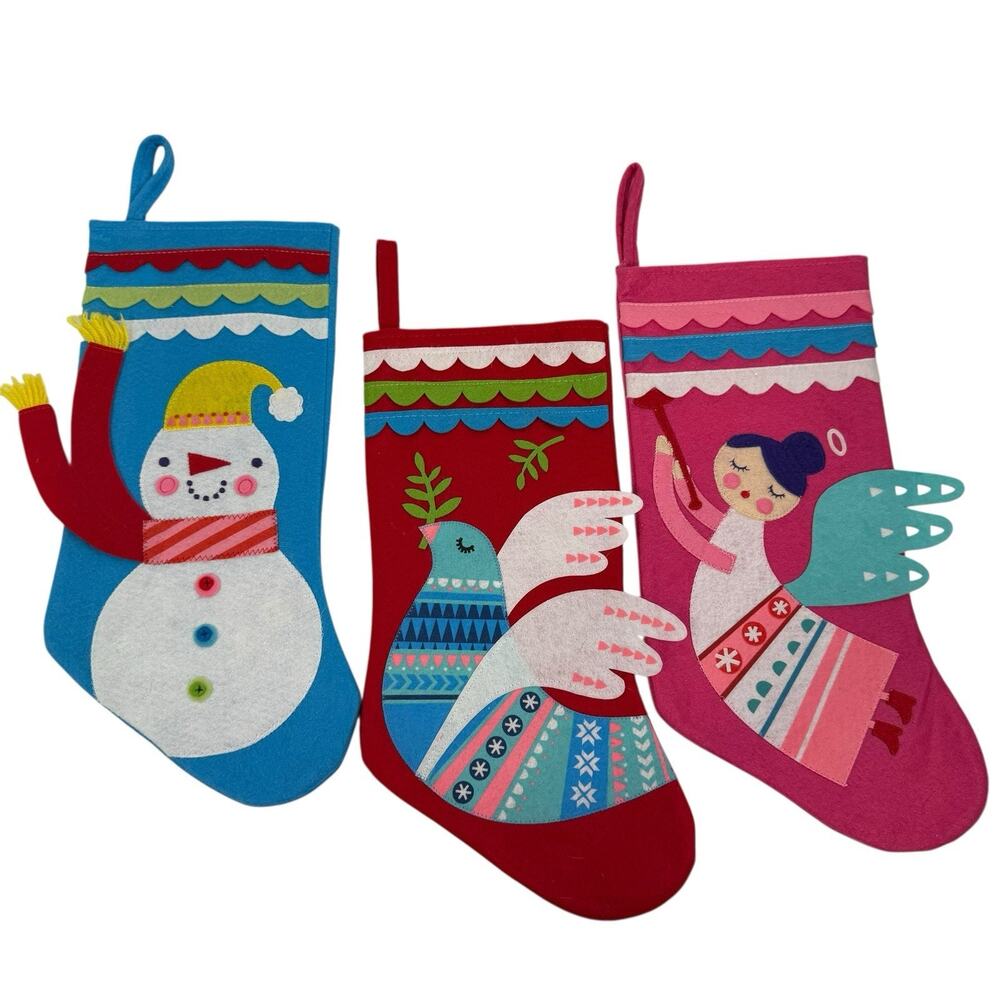 Target Christmas Stockings Felt Set of 3 Snowman Bird‎ Fairy Angel Pink Red Blue